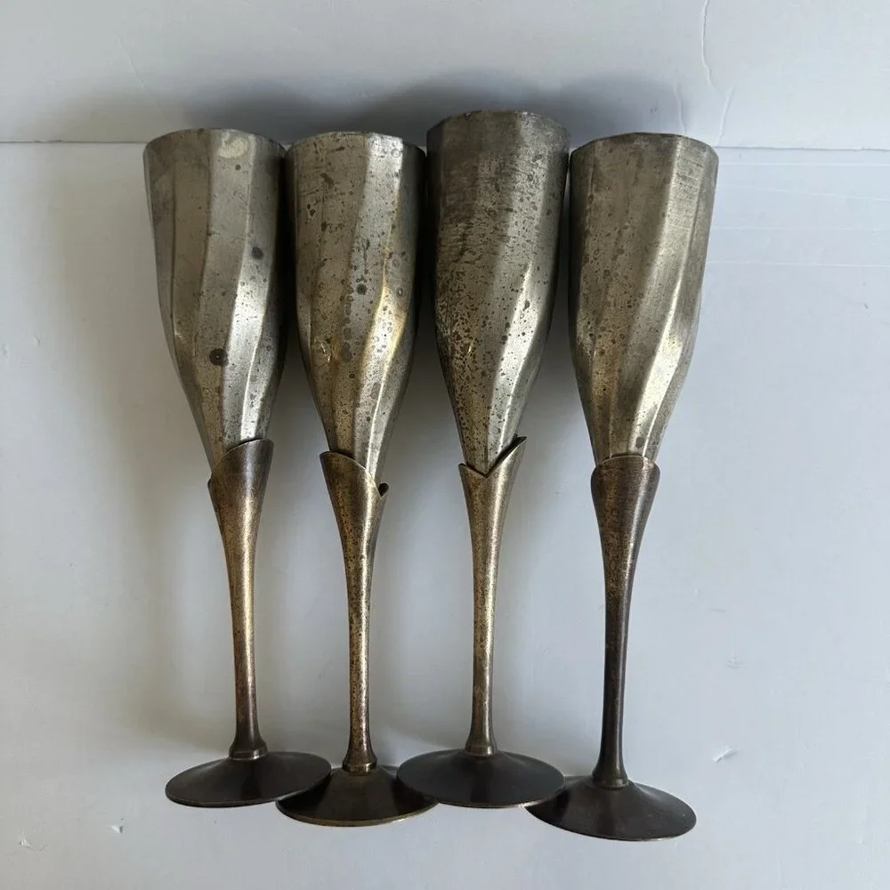 Set Of 4 Vintage Silver Plated&Brass? Stemmed‎ Tulip Champagne Toasting Flutes